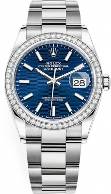 Rolex Datejust 36-126284RBR (Oystersteel Oyster Bracelet, Bright-blue Fluted Index Dial, Diamond Bezel)