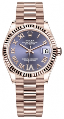 Rolex Datejust 31-278275 (Everose Gold President Bracelet, VI Diamond-set Aubergine Dial, Fluted Bezel)