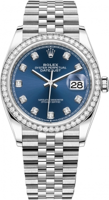 Rolex Datejust 36-126284RBR (Oystersteel Jubilee Bracelet, Gold Diamond-set Bright-blue Dial, Diamond Bezel)