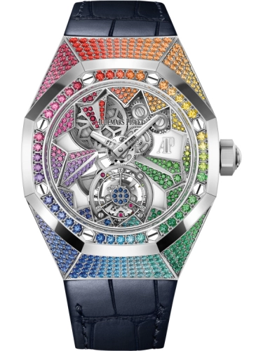 Audemars Piguet Royal Oak Concept 38.5-26227BC.YY.D326CR.01-A (Blue Alligator Leather Strap, Brilliant-cut Multicoloured Gemstone-set White Gold Openworked Dial, Brilliant-cut Multicoloured Gemstone-set Bezel)