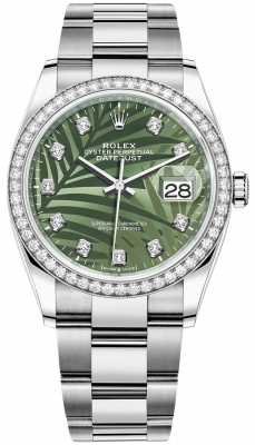 Rolex Datejust 36-126284RBR (Oystersteel Oyster Bracelet, Gold Diamond-set Olive-green Palm Dial, Diamond Bezel)