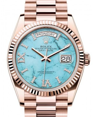 Rolex Day-Date 36-128235 (Everose Gold President Bracelet, VI IX Gold Diamond-set Turquoise Dial, Fluted Bezel)