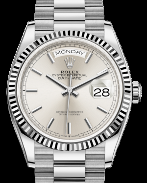 Rolex Day-Date 36-128239 (White Gold President Bracelet, Silver Index Dial, Fluted Bezel)