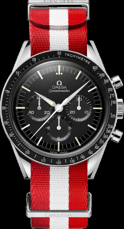 Omega Speedmaster Moonwatch 39.7-311.32.40.30.01.002 (Red/White NATO Strap, Black Index Dial, Black Tachymeter Bezel)