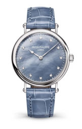 Patek Philippe Calatrava 34.6-7200/50G-011 (Shiny Peacock-blue Alligator Leather Strap, Diamond-set Blue MOP Dial, White Gold Smooth Bezel) (7200/50G-011)