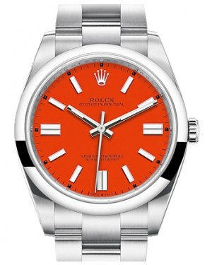 Rolex Oyster Perpetual 41-124300 (Oystersteel Oyster Bracelet, Coral-red Index Dial, Domed Bezel)