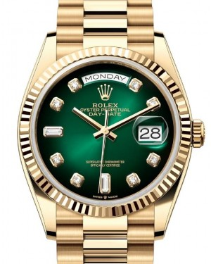 Rolex Day-Date 36-128238 (Yellow Gold President Bracelet, Gold Diamond-set Green Ombré Dial, Fluted Bezel)