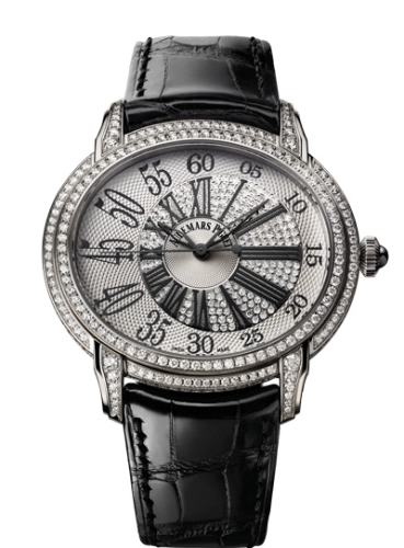 Audemars Piguet Millenary 45-15336BC.ZZ.D102CR.01 (Black Alligator Leather Strap, Diamond-paved Off-centred Roman Disc Silver-toned Guilloché Dial, White Gold Diamond-set Bezel)