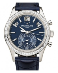 Patek Philippe Complications 40.5-5961P-001 (Shiny Navy-blue Alligator Leather Strap, Matte-blue Opaline Index Dial, Baguette-cut Diamond Bezel) (5961P-001)