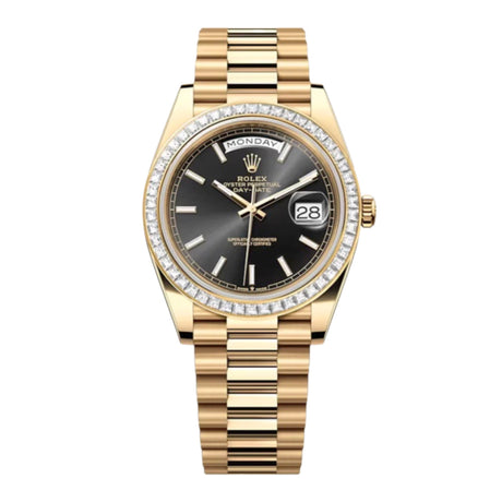 Rolex Day-Date 40-228398TBR (Yellow Gold President Bracelet, Bright-black Index Dial, Diamond Bezel)