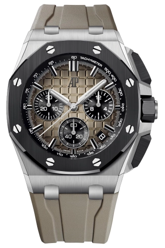 Audemars Piguet Royal Oak Offshore 43-26420SO.OO.A600CA.01 (Light-brown Rubber Strap, Méga Tapisserie Smoked Light-brown Index Dial, Black Ceramic Smooth Bezel)