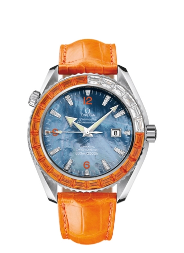 Omega Seamaster Planet Ocean 600M 45.5-2904.50.38 (Orange Alligator Leather Strap, Blue MOP Arabic/Index Dial, Baguette-cut Orange Sapphire/Diamond-set Bezel)