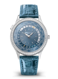 Patek Philippe Complications 36-7130G-014 (Shiny Peacock-blue Alligator Leather Strap, Hong Kong Hand-guilloched Blue Index Dial, Diamond Bezel) (7130G-014)