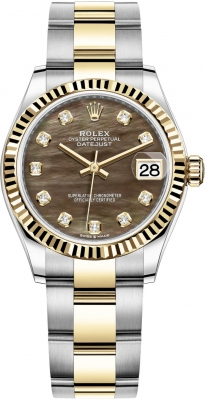 Rolex Datejust 31-278273 (Yellow Rolesor Oyster Bracelet, Gold Diamond-set Black MOP Dial, Fluted Bezel)