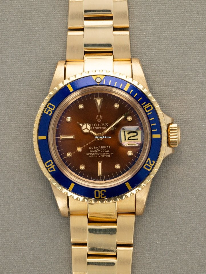 Rolex Submariner 40-16808 (Yellow Gold Oyster Bracelet, Tropical Patina Diver Dial, Blue Aluminum Bezel)