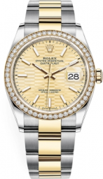 Rolex Datejust 36-126283RBR (Yellow Rolesor Oyster Bracelet, Golden Fluted Index Dial, Diamond Bezel) (m126283rbr-0026)