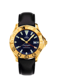 Omega Seamaster Diver 300M 41-2634.80.93 (Black Leather Strap, Wave-embossed Blue Index Dial, Rotating Yellow Gold Bezel) (Omega 2634.80.93)