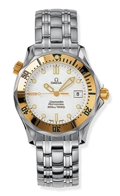 Omega Seamaster Diver 300M 36.25-2462.20.00 (Stainless Steel Bracelet, Wave-embossed White Dot Index Dial, Rotating Yellow Gold Bezel)