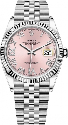 Rolex Datejust 36-126234 (Oystersteel Jubilee Bracelet, VI IX Gold Diamond-set Pink Dial, Fluted Bezel)