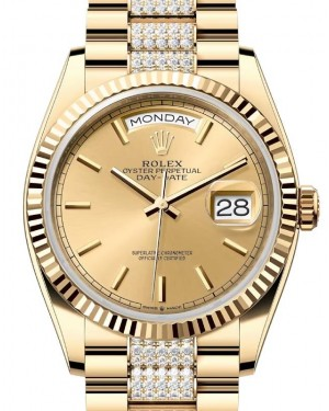 Rolex Day-Date 36-128238 (Yellow Gold Diamond-set President Bracelet, Champagne Index Dial, Fluted Bezel)