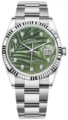 Rolex Datejust 36-126234 (Oystersteel Oyster Bracelet, Gold Diamond-set Olive-green Palm Dial, Fluted Bezel)