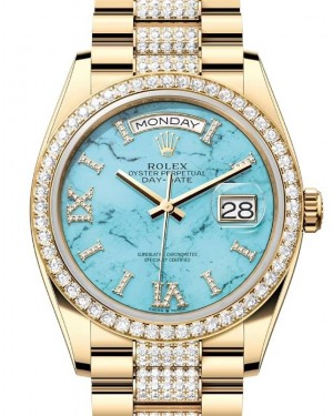 Rolex Day-Date 36-128348RBR (Yellow Gold Diamond-set President Bracelet, VI IX Gold Diamond-set Turquoise Dial, Diamond Bezel)