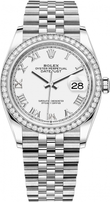 Rolex Datejust 36-126284RBR (Oystersteel Jubilee Bracelet, White Roman Dial, Diamond Bezel)