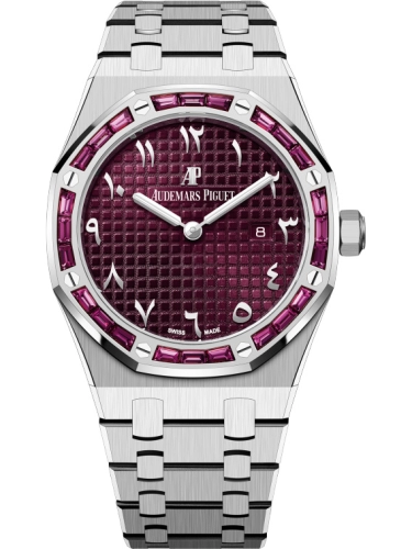 Audemars Piguet Royal Oak 33-67656BC.GR.1261BC.01 (White Gold Bracelet, Grande Tapisserie Burgundy Special Arabic Dial, Baguette-cut Burgundy Garnet-set Bezel)