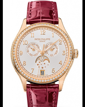 Patek Philippe Complications 38-4947R-001 (Shiny-violine Alligator Leather Strap, Silvery Sunburst Arabic Dial, Diamond Bezel)