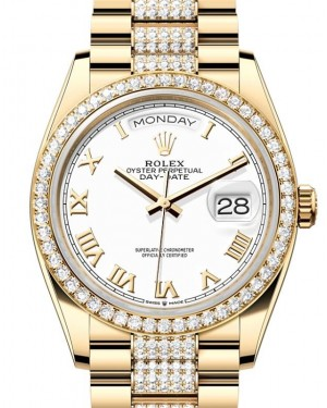 Rolex Day-Date 36-128348RBR (Yellow Gold Diamond-set President Bracelet, White Roman Dial, Diamond Bezel)