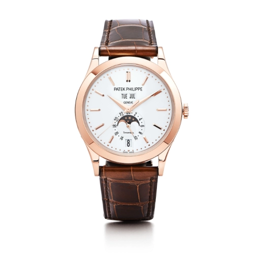 Patek Philippe Complications 38.5-5396R-011T (Chestnut-brown Alligator Leather Strap, Silvery Opaline Index Dial, Rose Gold Smooth Bezel)