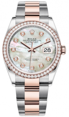 Rolex Datejust 36-126281RBR (Everose Rolesor Oyster Bracelet, Gold Diamond-set White MOP Dial, Diamond Bezel)
