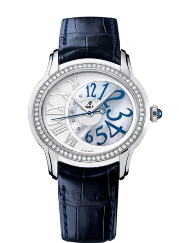 Audemars Piguet Millenary 39.5-77301BC.ZZ.D301CR.01 (Blue Alligator Leather Strap, MOP/Silver-toned Arabic/Roman Dial, White Gold Diamond-set Bezel)