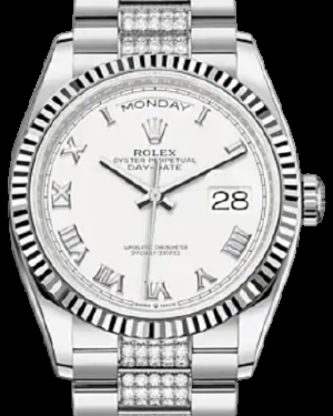 Rolex Day-Date 36-128239 (White Gold Diamond-set President Bracelet, White Roman Dial, Fluted Bezel)