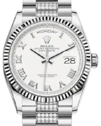 Rolex Day-Date 36-128239 (White Gold Diamond-set President Bracelet, White Roman Dial, Fluted Bezel) (m128239-0039)