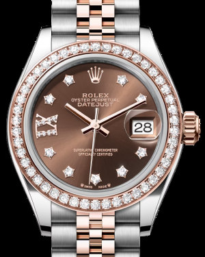 Rolex Lady-Datejust 28-279381RBR (Everose Rolesor Jubilee Bracelet, Gold Diamond IX-set Chocolate Dial, Diamond Bezel)