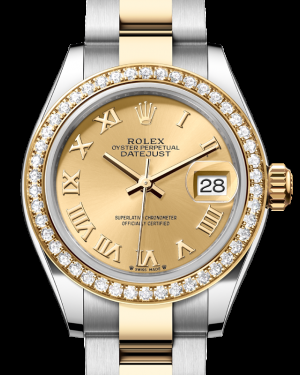 Rolex Lady-Datejust 28-279383RBR (Yellow Rolesor Oyster Bracelet, Champagne Roman Dial, Diamond Bezel)