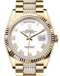 Rolex Day-Date 36-128238 (Yellow Gold Diamond-set President Bracelet, White Roman Dial, Fluted Bezel) (m128238-0077)