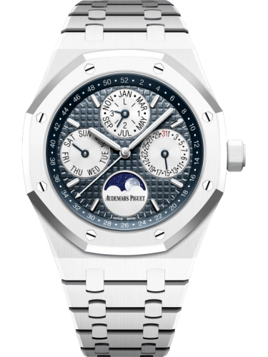 Audemars Piguet Royal Oak 41-26579CB.OO.1225CB.01 (White Ceramic Bracelet, Grande Tapisserie Blue Index Dial, White Ceramic Smooth Bezel)