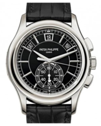 Patek Philippe Complications 42-5905P-010 (Matte-black Alligator Leather Strap, Black Sunburst Index Dial, Platinum Smooth Bezel) (5905P-010)