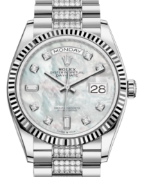 Rolex Day-Date 36-128239 (White Gold Diamond-set President Bracelet, Gold Diamond-set White MOP Dial, Fluted Bezel) (m128239-0026)