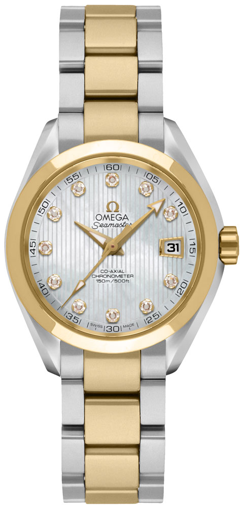 Omega Seamaster Aqua Terra 150M 30-231.20.30.20.55.002 (Yellow Gold & Stainless Steel Bracelet, Vertical-teak White MOP Diamond Index Dial, Yellow Gold Bezel)