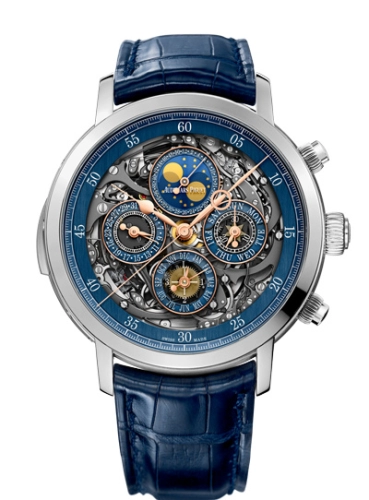 Audemars Piguet Jules Audemars 44-26554PT.OO.D028CR.02 (Blue Alligator Leather Strap, Transparent Sapphire Blue Openworked Dial, Platinum Smooth Bezel)