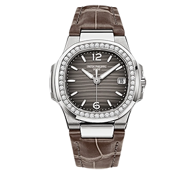 Patek Philippe Nautilus 32-7010G-012 (Shiny Mink-gray Alligator Leather Strap, Smoke-gray Wave-motif Arabic/Index Dial, Diamond Bezel)