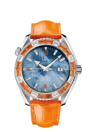 Omega Seamaster Planet Ocean 600M 45.5-2905.50.38 (Orange Alligator Leather Strap, Blue MOP Arabic/Index Dial, Baguette-cut Orange Sapphire/Diamond-set Bezel)