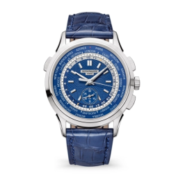 Patek Philippe Complications 39.5-5930G-010 (Shiny-blue Alligator Leather Strap, Beijing Hand-guilloched Blue Index Dial, White Gold Smooth Bezel) (5930G-010)