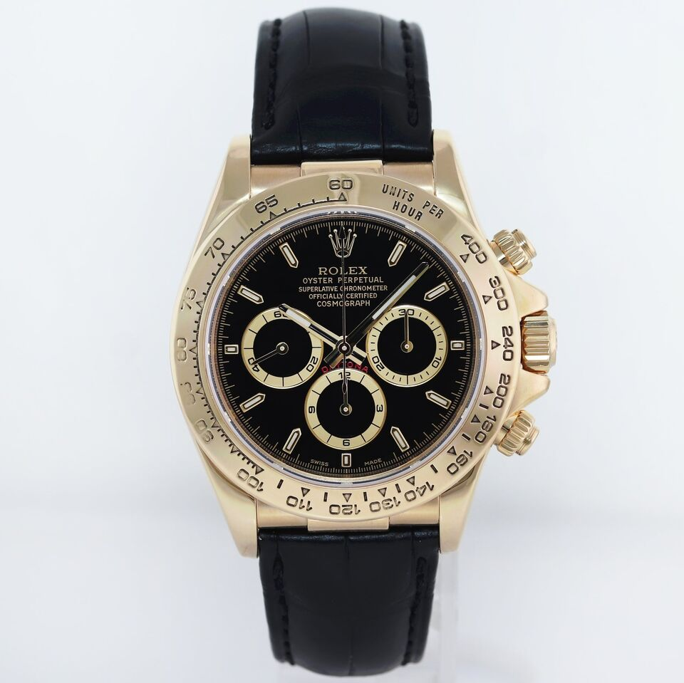 Rolex Daytona 16518 (Black Leather Strap, Black Dial, Black/Gold Subdials)