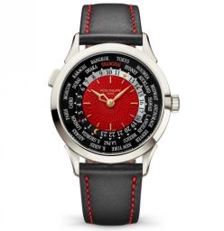 Patek Philippe Complications 38.5-5230P-010 (Black Calfskin Strap, Shanghai Edition Guilloched Red Index Dial, Platinum Smooth Bezel) (5230P-010)
