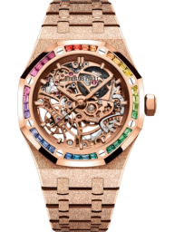 Audemars Piguet Royal Oak 37-15468OR.YG.1259OR.01-B (Hammered Pink Gold Bracelet, Pink Gold-toned Openworked Index Dial, Baguette-cut Rainbow Gemstone-set Bezel) (15468OR.YG.1259OR.01)