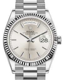 Rolex Day-Date 36-128239 (White Gold President Bracelet, Silver Index Dial, Fluted Bezel) (m128239-0005)